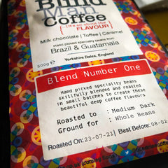 Image of the label on a bag of BlindMan Coffee Blend No1 showing the Roasted on date.