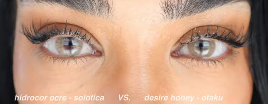 Side-by-side view of Solotica Hidrocor Ocre and Otaku Desire Honey on different skin tones.