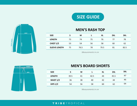 size chart for mens swimwear from Tribe Tropical