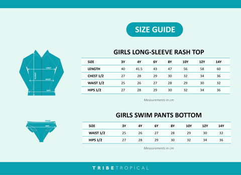 size chart for girls two piece swimwear set from Tribe Tropical