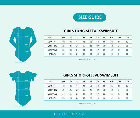 size chart for girls swimwear from Tribe Tropical