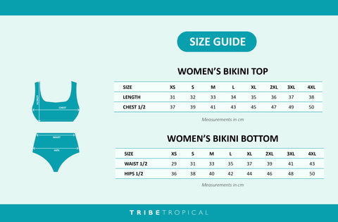 size chart for womens bikini swimwear from Tribe Tropical