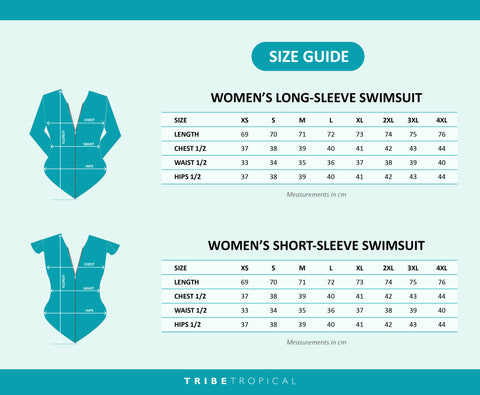 size chart for womens swimwear from Tribe Tropical