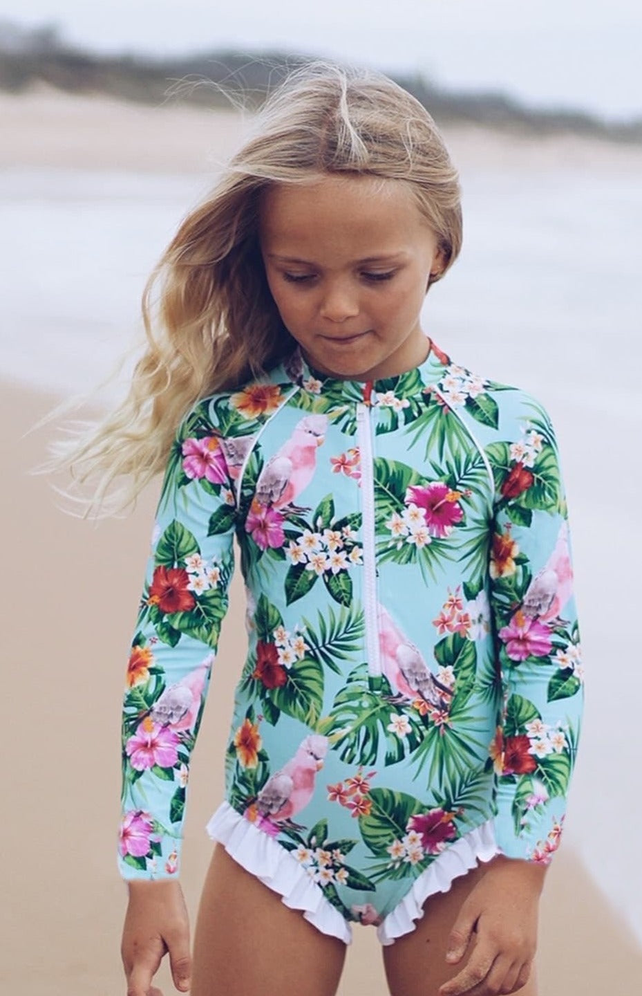 Blooming Hibiscus Girls One Piece Long Sleeve Swimsuit 6m-10