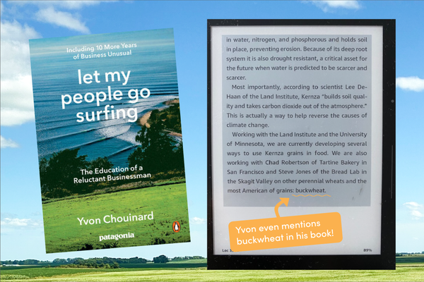 Image of Let My People Go Surfing Book Cover, screenshot of a section from the book pointing out that Yvon mentions buckwheat when discussing regenerative organic agriculture in his book