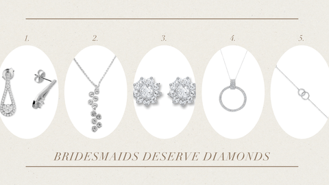 An image that shows a pair of earrings followed by a necklace, earrings, a necklace and a bracelet. All ideas for different bridesmaid gifts.