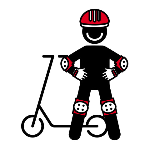 A kick scooter riding wearing a helmet, gloves, and pads