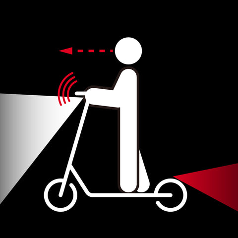 A kick scooter rider with headlights, brake lights, a bell, and unobstructed vision