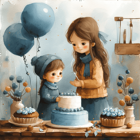 Children looking at cake at a gender reveal party with blue balloons and decorations
