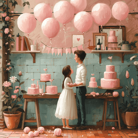 Children standing together at gender reveal party with pink decorations and balloons