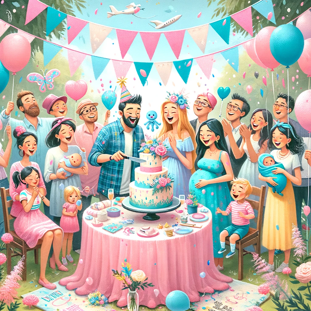 Gender reveal party with balloons and decorations in pink and blue