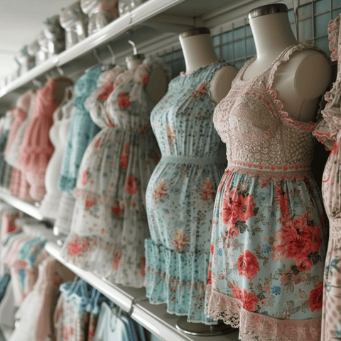 Pregnant mannequins wearing baby shower dresses on a clearance rack in store