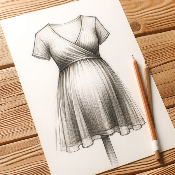 Sketch of Maternity Dress for Pregnant Women on Wood Table with Two Pencils