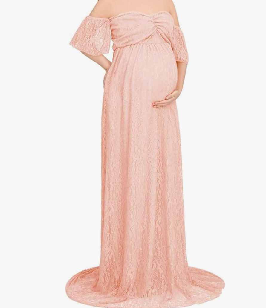 PinkBlush Pink Metallic Off Shoulder Long Sleeve Wrap Maternity Photos