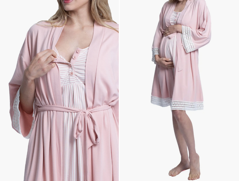 Womens Maternity Nursing Nightgown and Robe Set 2 Piece Nursing Nightgown  for Breastfeeding 3 in 1 Labor Delivery Sleeveless Dress and Robe Sets,  Pink