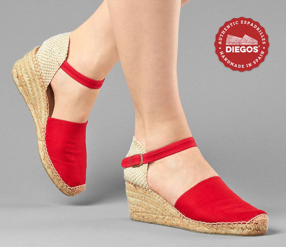 Christchurch Kære Pub Bright red high wedge espadrilles | Ankle wraps on cotton canvas summer  shoes – diegos.com