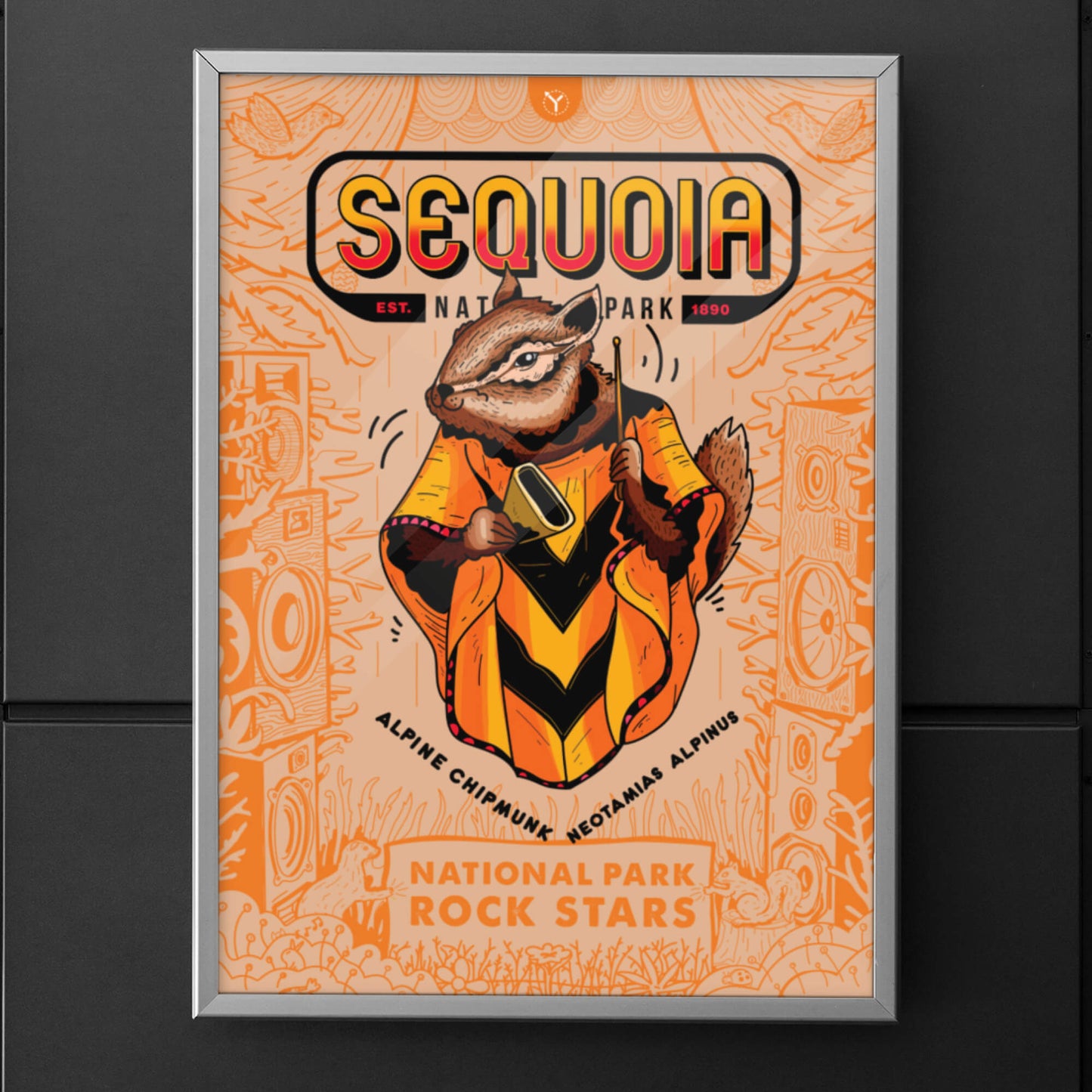 Music Poster of Sequoia National Park with Chipmunk playing the cowbell.