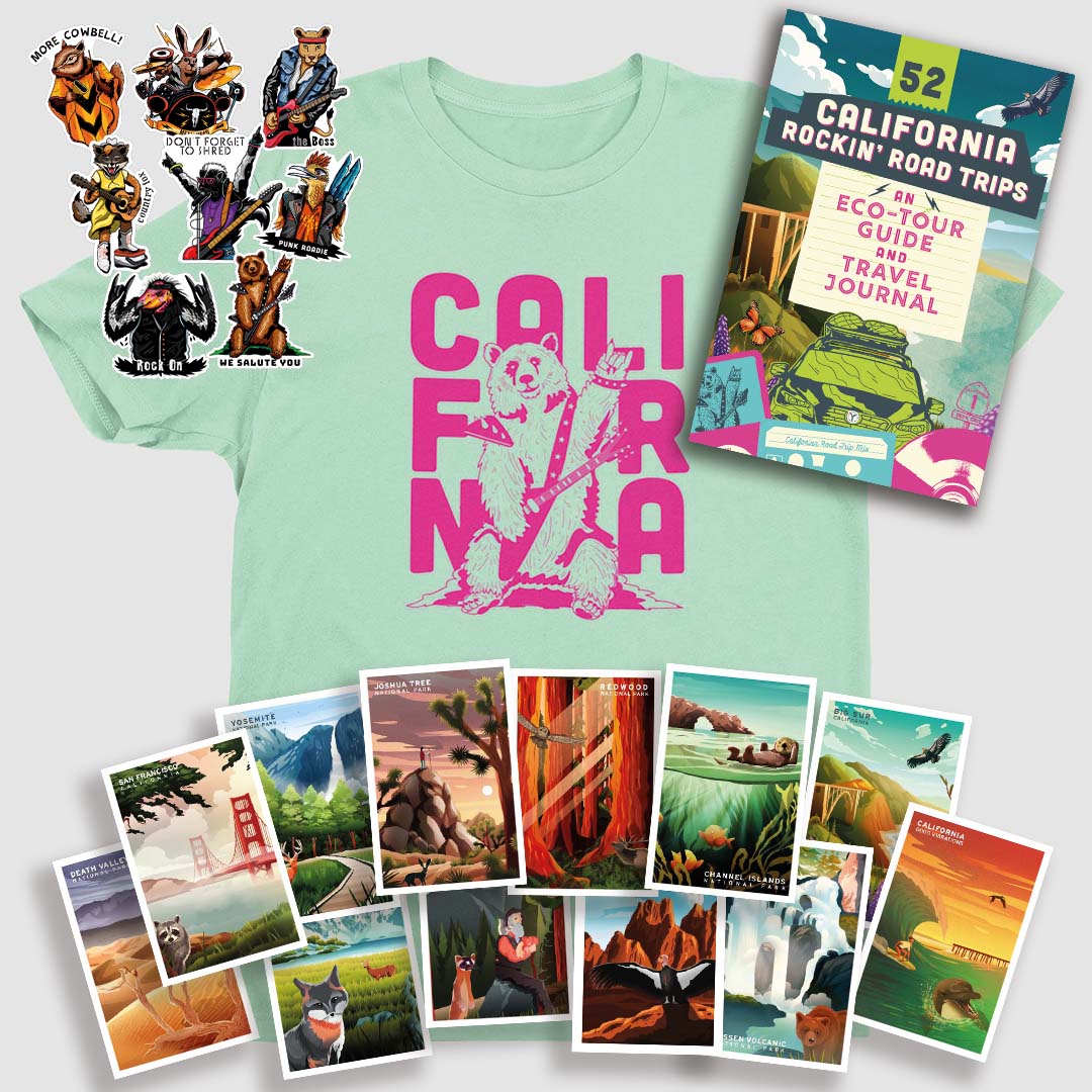 Picture of the California Rockin' Road Trip Box Set which includes the "52 California Rockin' Road Trips" book, sticker set, 12 Postcards, and the California Bear TShirt.
