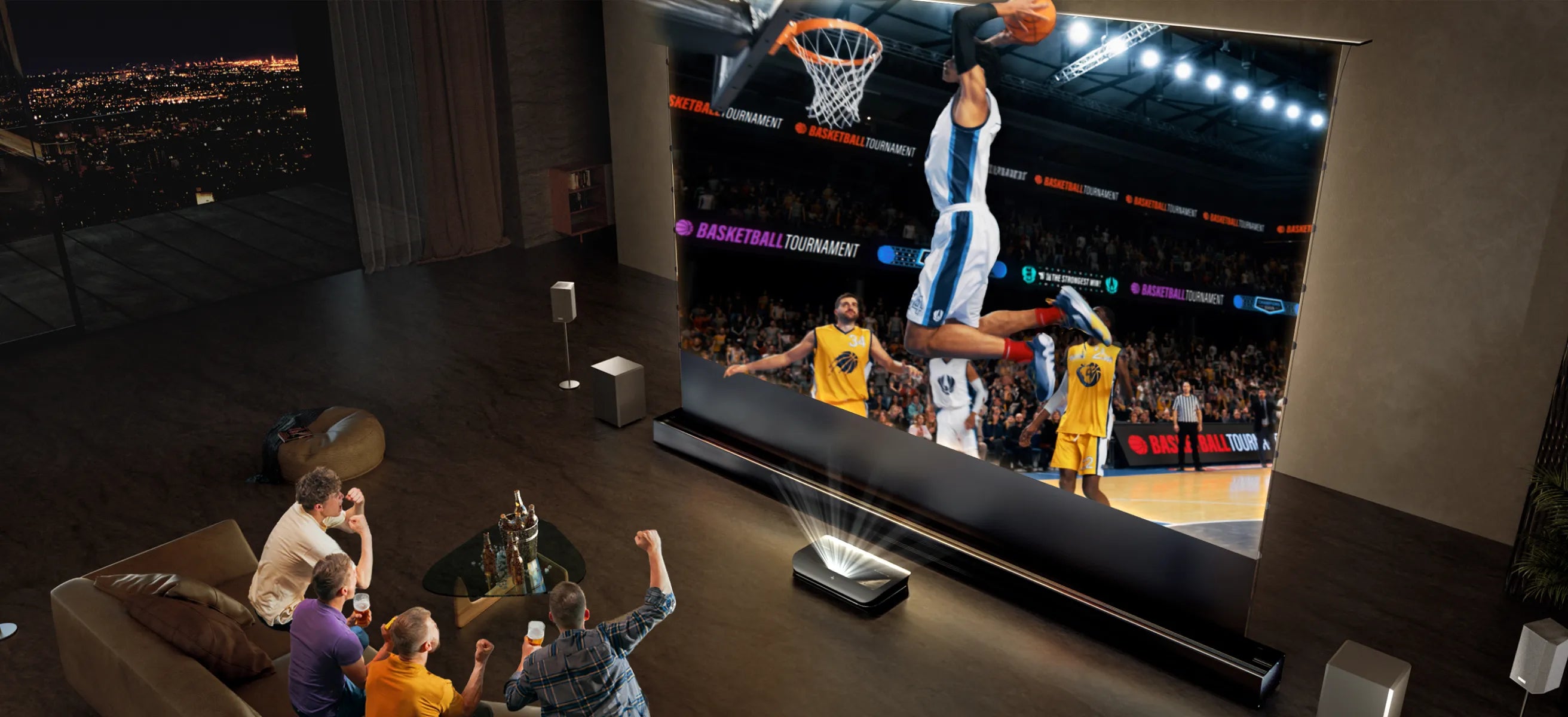 Friends enjoying live sports on AWOL living room home theater with floor-rising screen.