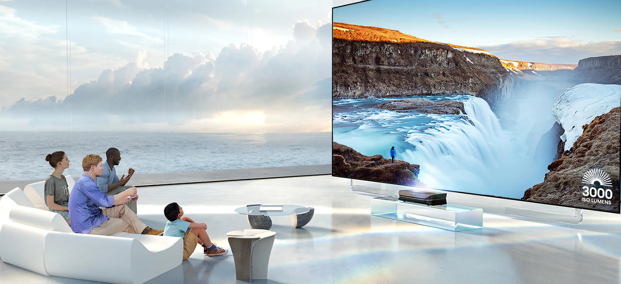 Family enjoying AWOL living room home theater with 3000 lumens 4K projection in bright space.