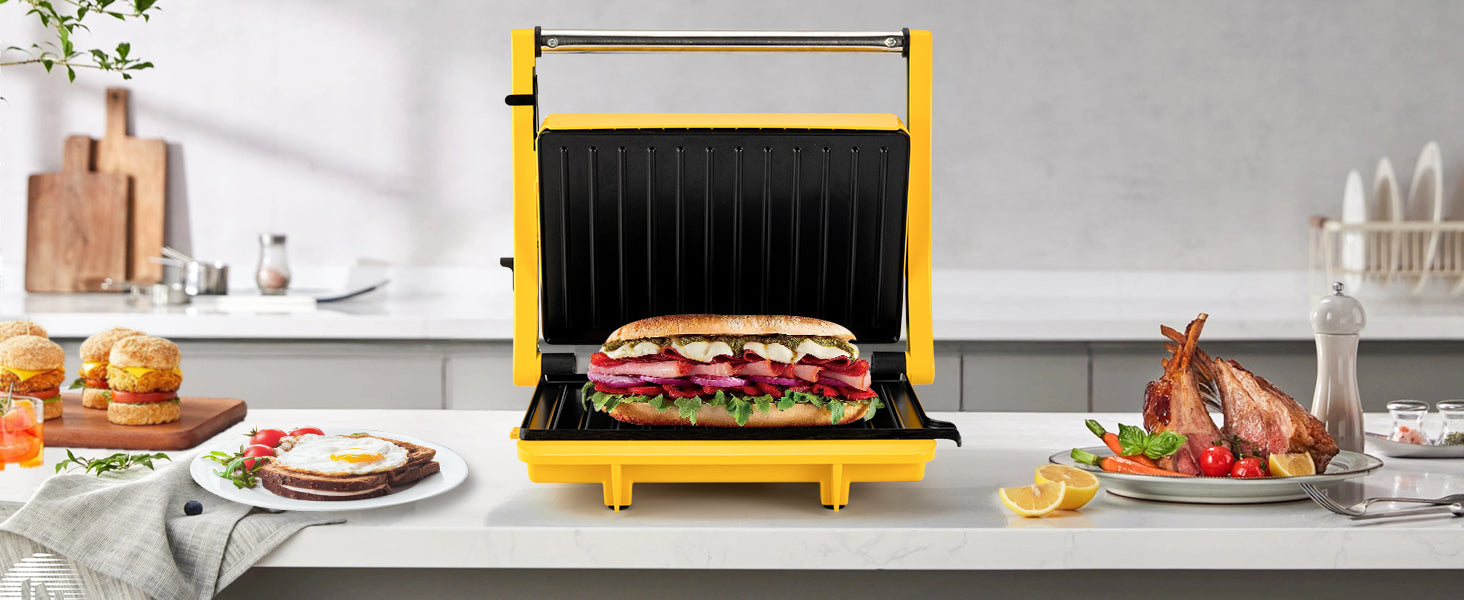 SUSTEAS 3-in-1 Electric Indoor Grill (Yellow)- Panini Press with Non-S