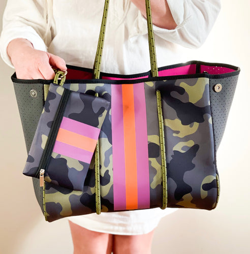 Green Camo with Neon Orange/Lavender Stripe Neoprene Tote bag