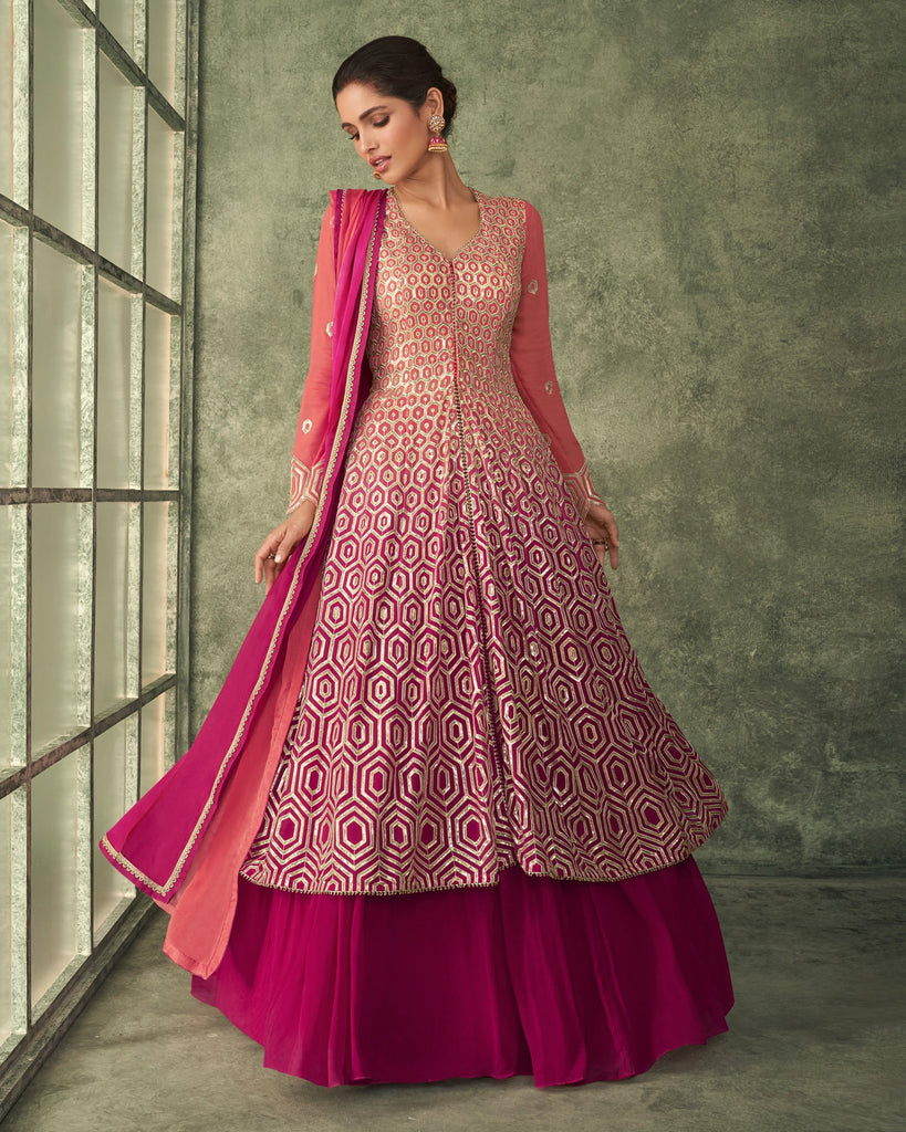 Magenta Peach Georgette Sequins Embroidery Anarkali Lehenga Suit ...