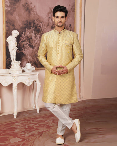 Men's Peach Nawabi Indo Western Sherwani With Art Silk Pant