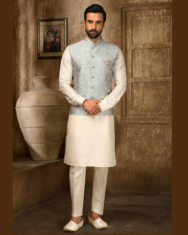 Buy White Kurta Pajama With Cotton Silk Jacket Online - MENV2327 | Appelle  Fashion