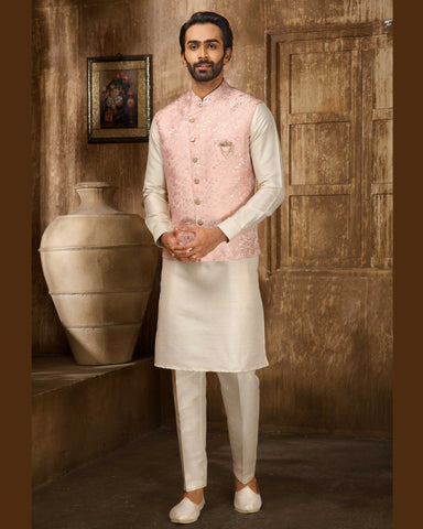 White Kurta Set With Luckhnavi Silk Bottle Green Nehru Jacket