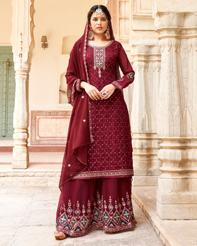 Red Velvet Pant Suit With Georgette Dupatta – Mehak Boutique