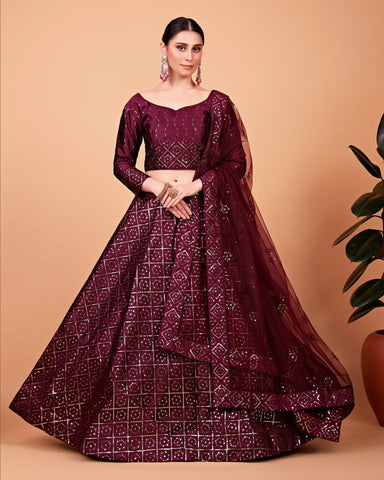 Wine Velvet Lehenga Choli with Net Dupatta