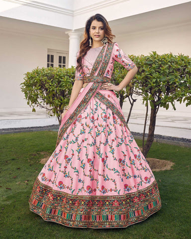 Pink Flared Lehenga Choli With Thread Embroidery Latest 2339LG03