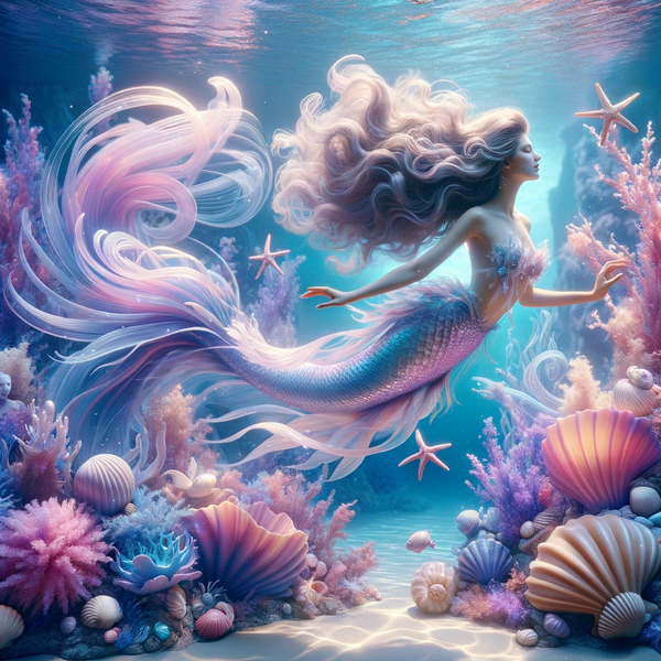 A mermaid swimming in the deep sea