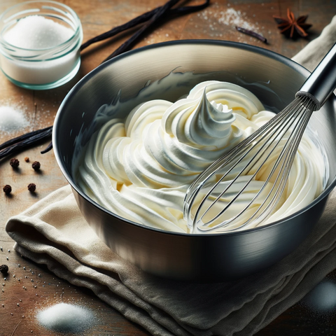 A bowl of light and fluffy whipped fresh cream with a whisk. The wooden countertop and the nearby vanilla pods and sugar sprinkles accentuate the setting.