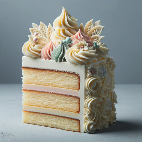 A slice of cake adorned with intricate butter cream decorations, demonstrating the thick and creamy consistency of butter cream.