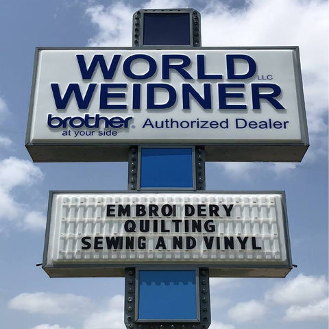 World Weidner Authorized Brother Dealer Sign in Ponca City Oklahoma. Embroidery Quilting Sewing and Vinyl Machine and Supplies