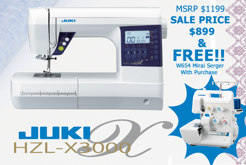 For a limited time, purchase a JUKI HZL-X3000 Sewing Machine at $899 and receive a free JUKI MO-654DE Mirai Overlock Serger Machine! This deal has a total MSRP value of $2398!