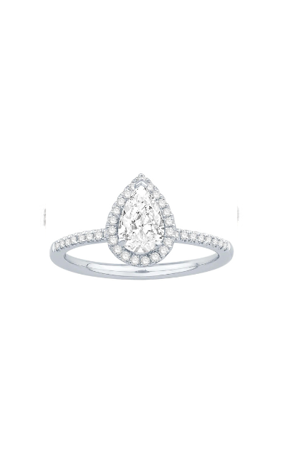 Silver diamond ring with a pear shaped gemstone centerpiece on a white background 