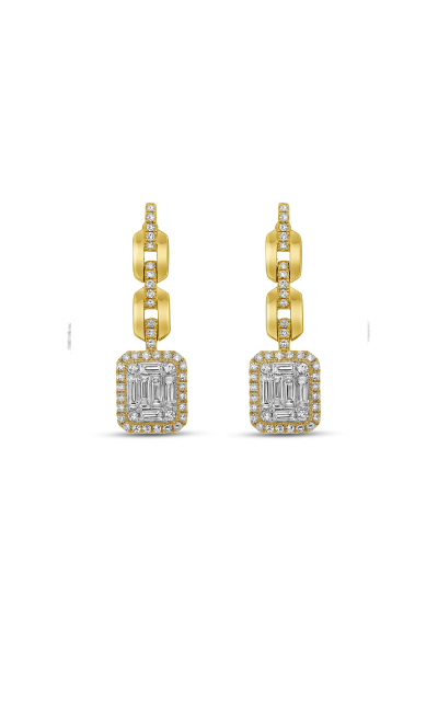 Gold drop earrings adorned with diamond on a white background