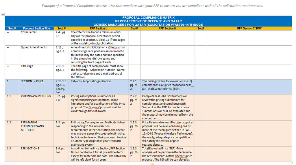 Proposal Compliance Matrix Example The Federal Proposal Experts