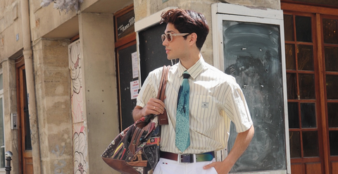 Men wearing beige shirt and blue Necktie