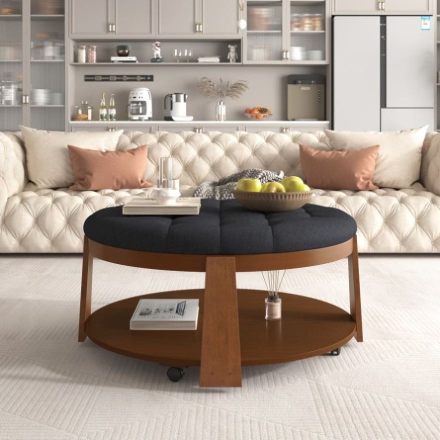 ZNTS Modern Large Round Ottoman Coffee Table 2-Tier Oversized Button Tufted Ottoman with Wood Shelf N735P180224B