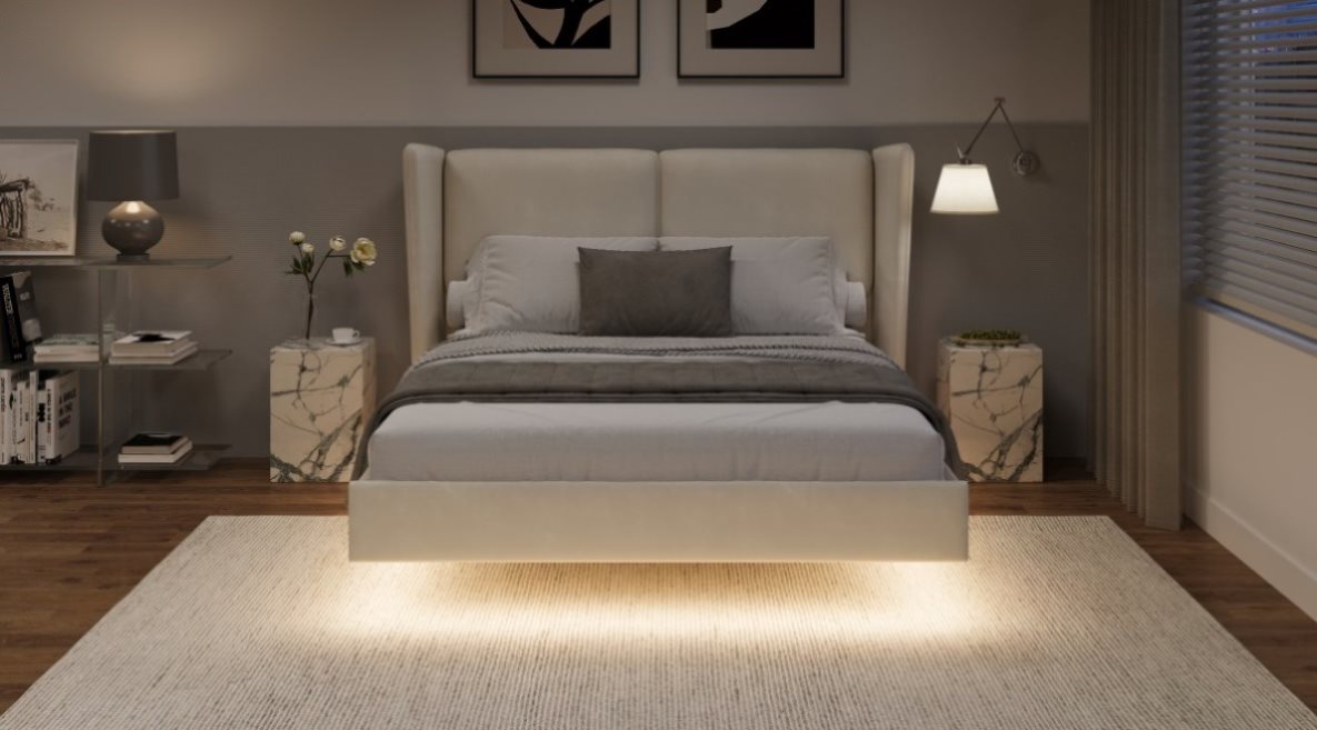 ZNTS Modern Style Velvet Fabric Floating Bed Frame with LED Lights Wingback Upholstered Bed No Box N701P196729A