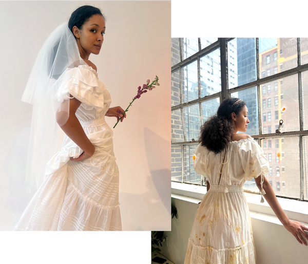 woman wearing white organic cotton wedding dress and veil and same woman wearing organic cotton dyed dress