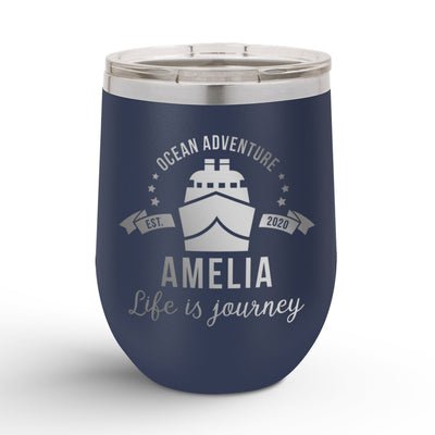 Personalized Ocean Adventure 12oz Insulated Wine Tumbler Insulated Tumbler Sam + Zoey Navy Blue  Sam + Zoey