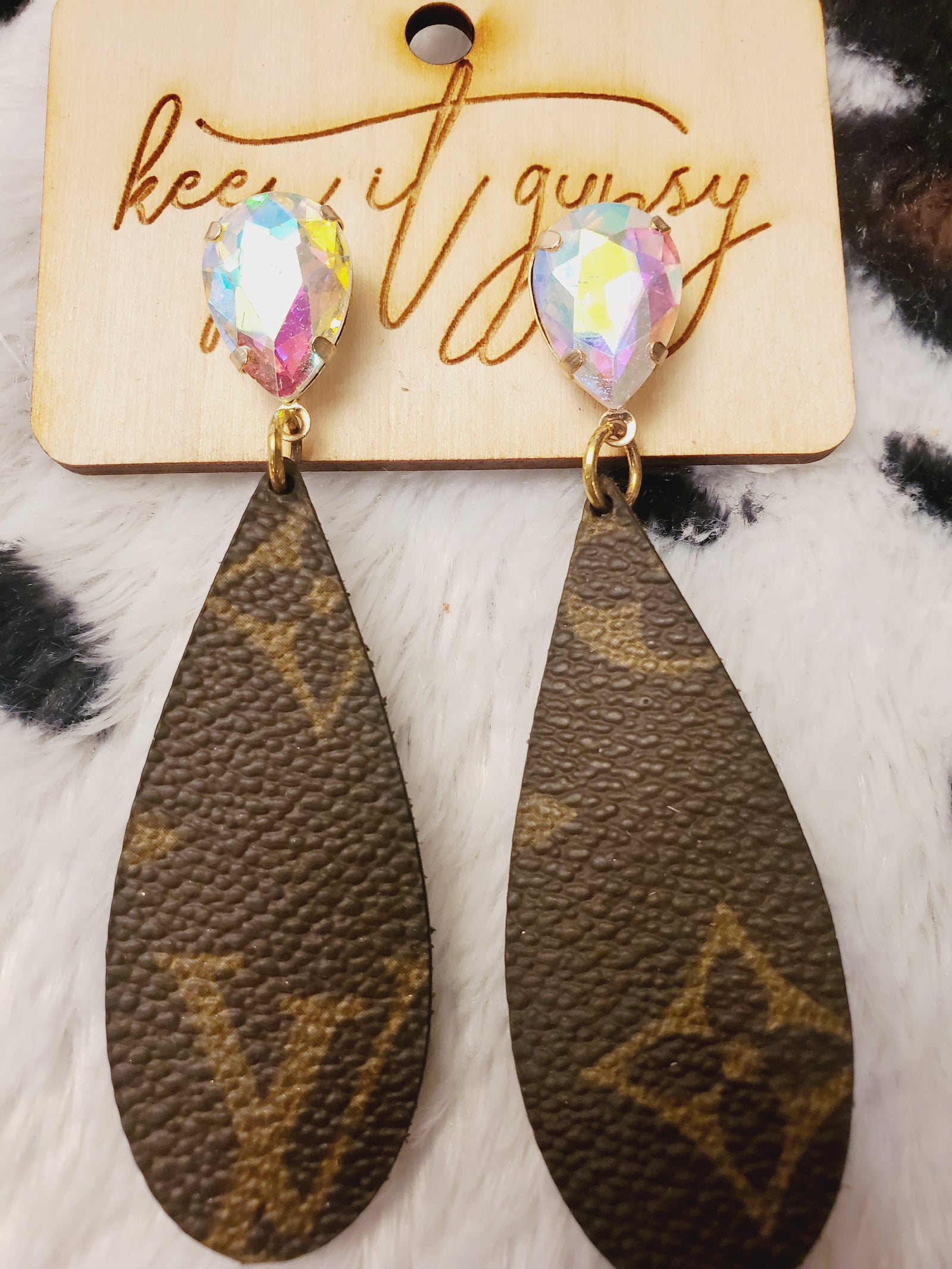 UPCYCLED LV EARRINGS WITH CRYSTALS - Tres Chic Trendz