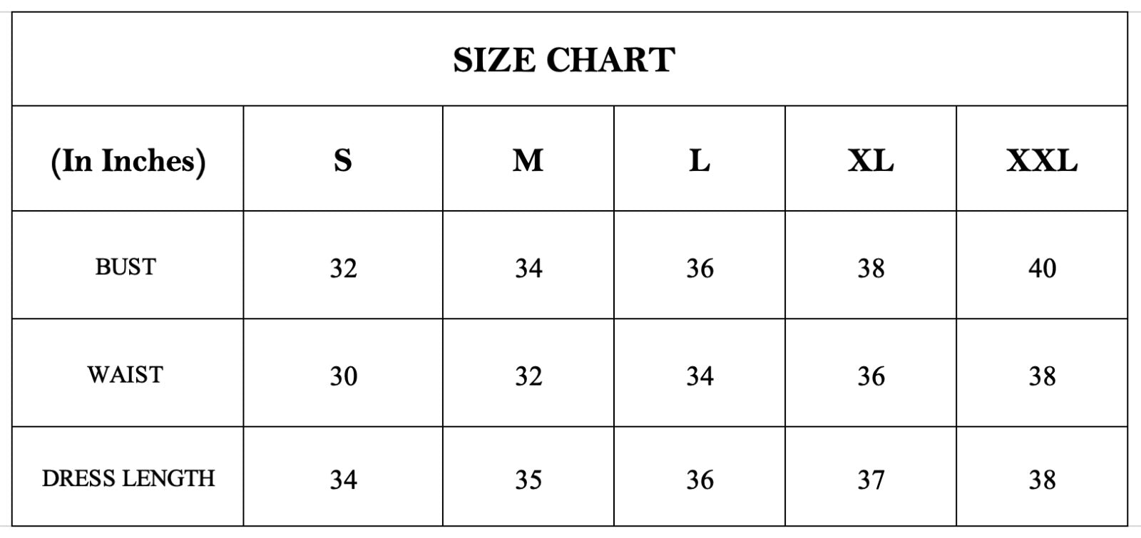 Size Chart for Sleep Dresses – avanday