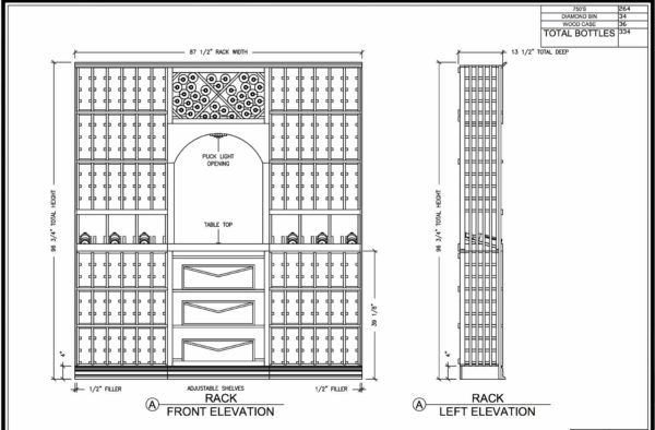 Page 1 of 3 of the design images for this custom wine cellar and racks. Includes Rack Front and Left Elevation.