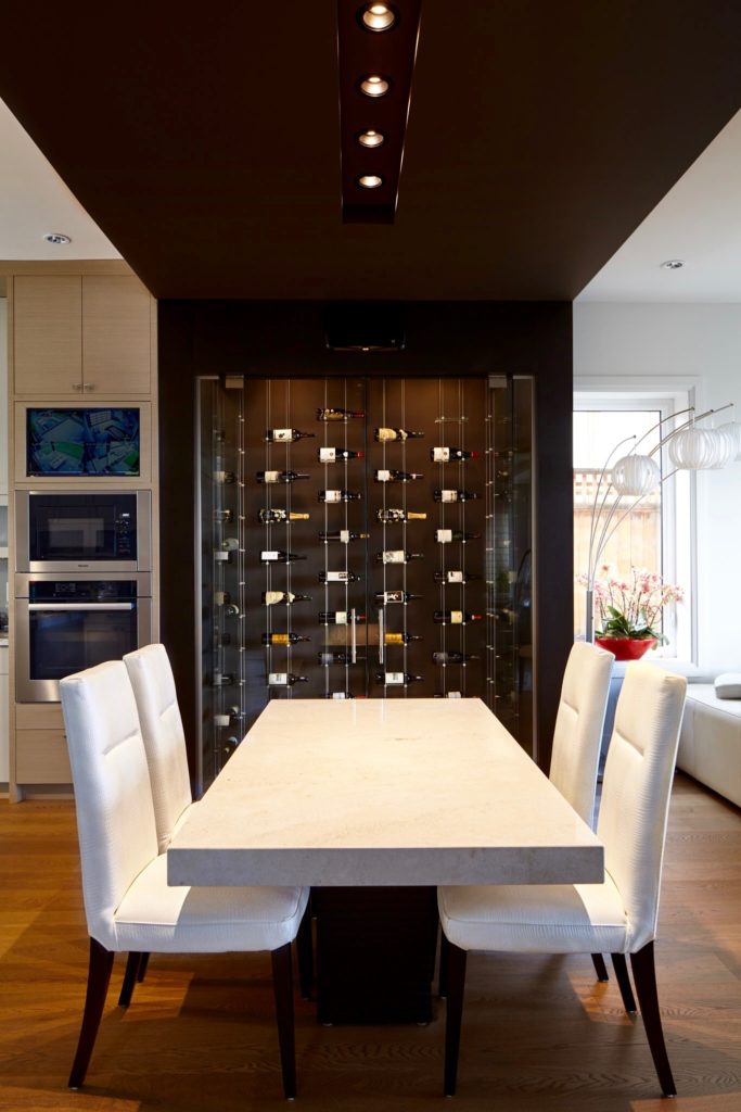 Floating Wine Rack Wine Wall Behind Modern Dining Table